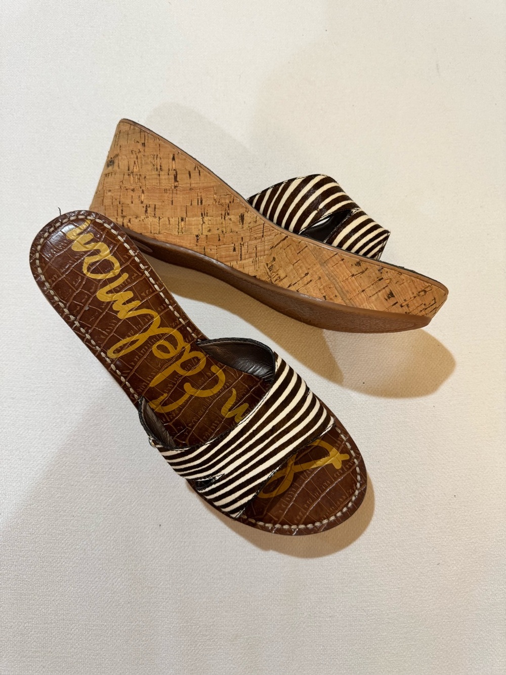 Sam Edelman Brown & White Striped Cork Wedge Slides